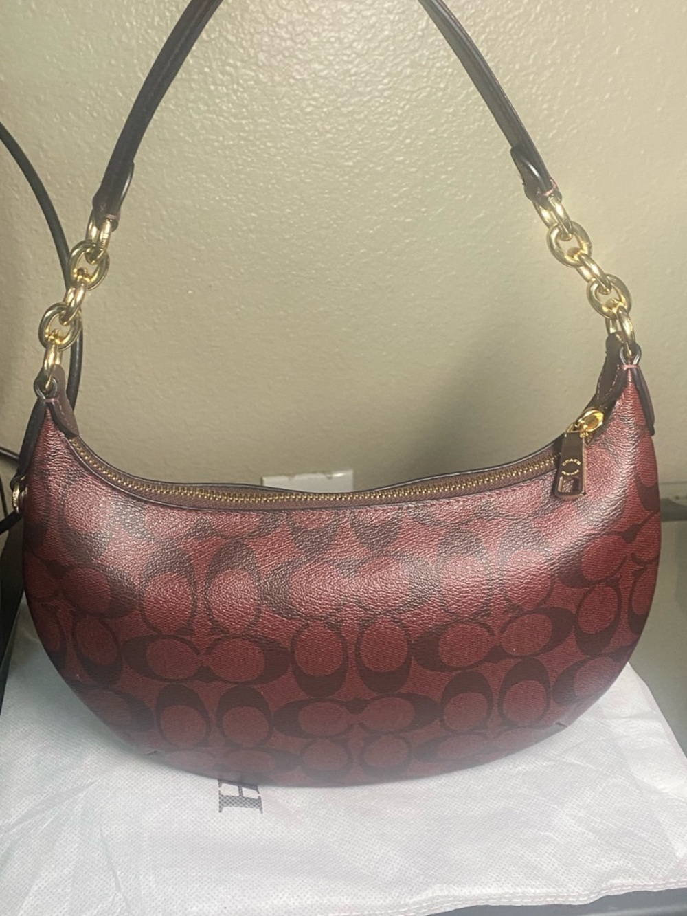 Coach Signature Crescent Shoulder Bag in Burgundy and Dark Brown - Picture 3 of 5